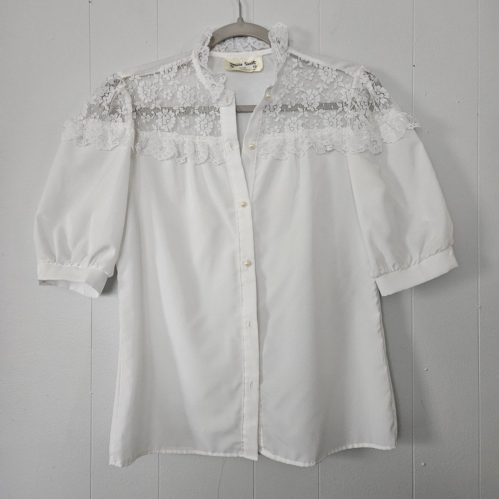 Vintage Lace Blouse Women‎ Medium Smocked Lace Pearl Button Up Prairie Victorian